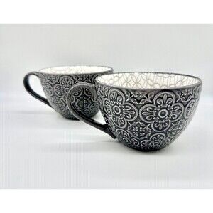 Set of 2 Blue Harbor Gray Embossed Coffee Mugs Cups